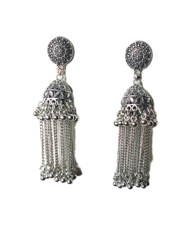 Traditional Oxidized Silver Jhumka Earrings with Chain Tassels