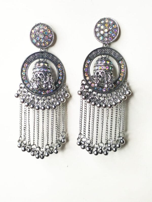 Elegant Oxidized Silver Earrings with Iridescent Stone & Chain Tassels